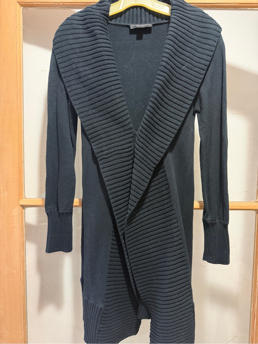 Long Black Ribbed Shawl-Collar Open Cardigan - Women